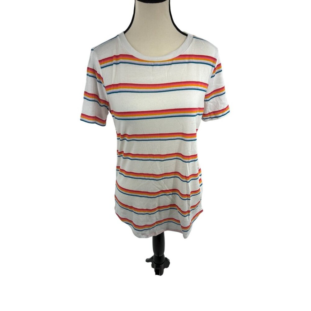 PINK Womens Small T Shirt White Rainbow Stripe Short Sleeve Casual Tee